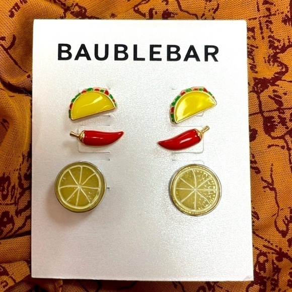 Brand New BaubleBar Set of 3 Pairs Cinco De Mayo Post Earrings Taco Chili Lime - Picture 2 of 13